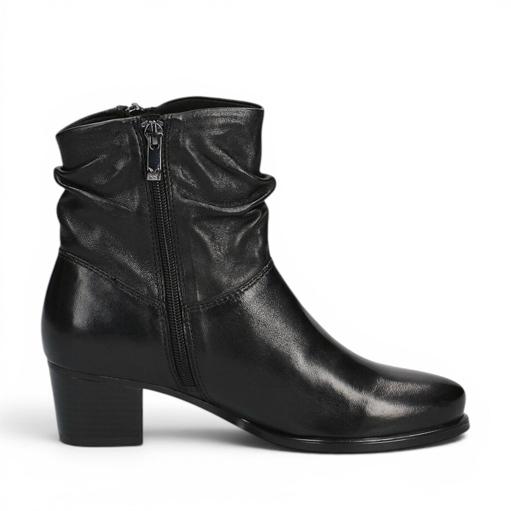 ShoeShop Caprice black leather ankle boots with a side zipper and ruched shaft detail on a block heel.