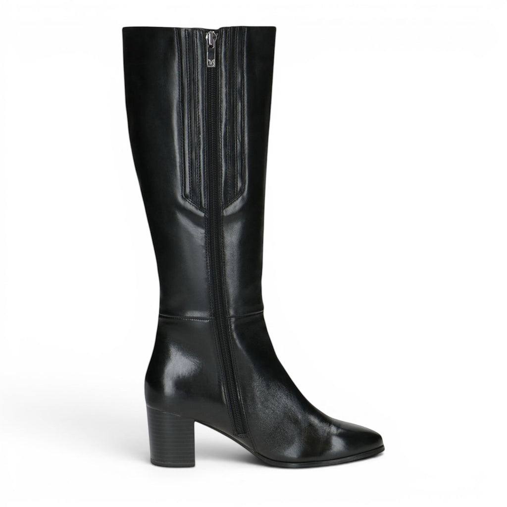 ShoeShop Caprice black leather knee-high boots with side zipper and block heel