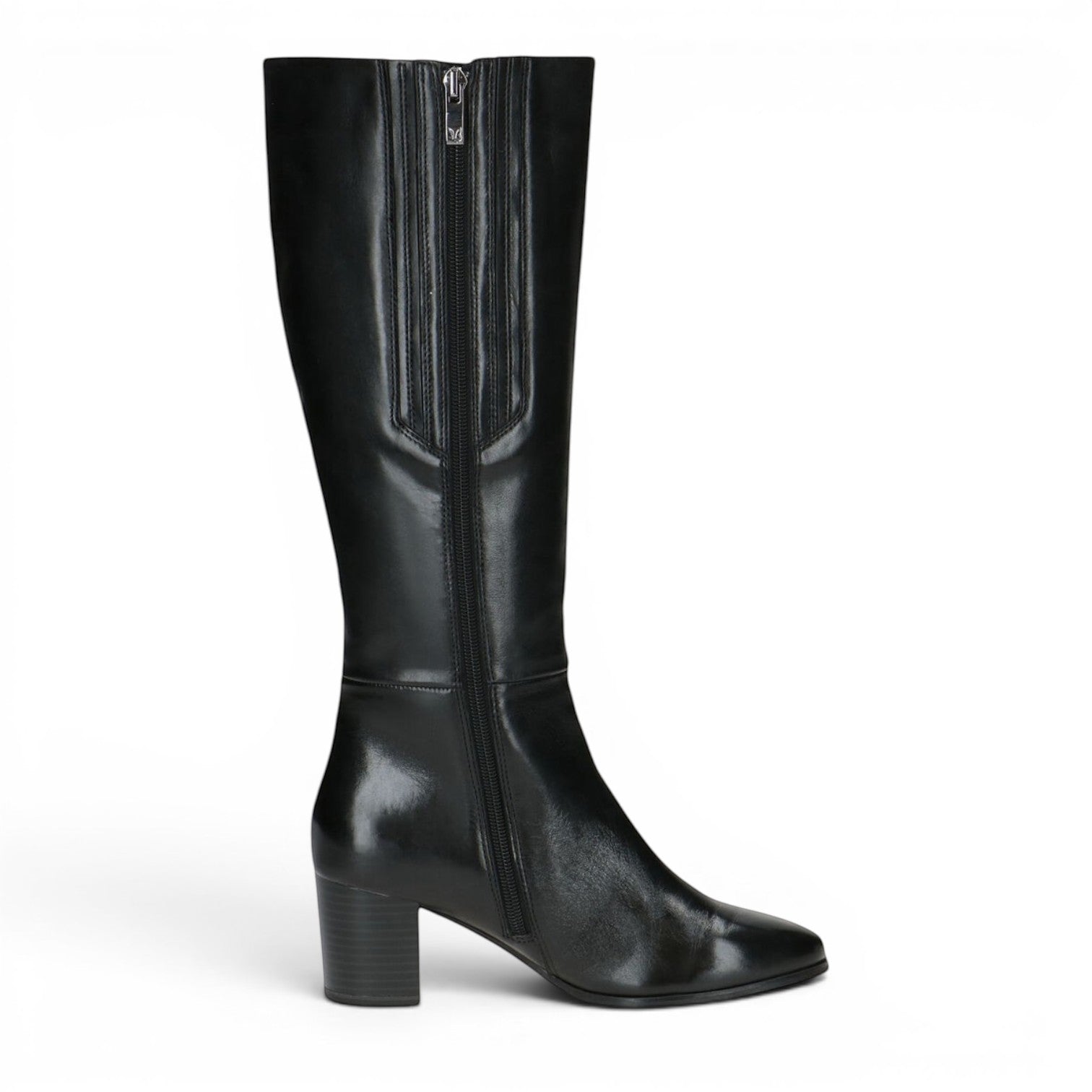 ShoeShop Caprice black leather knee-high boots with side zipper and block heel