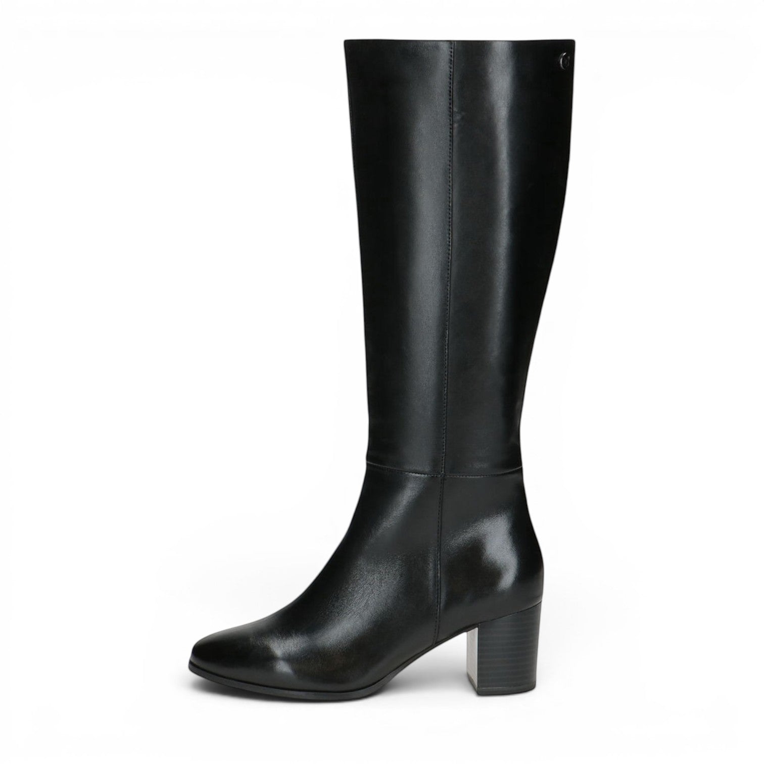 ShoeShop Caprice black leather knee-high boots with a block heel and minimalist design.