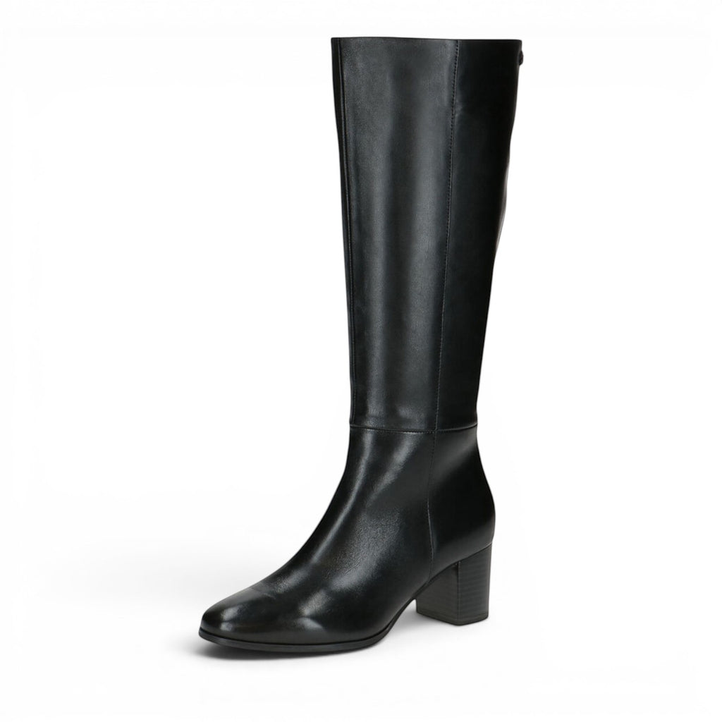 ShoeShop Caprice black leather knee-high boots with a block heel and minimalist design.