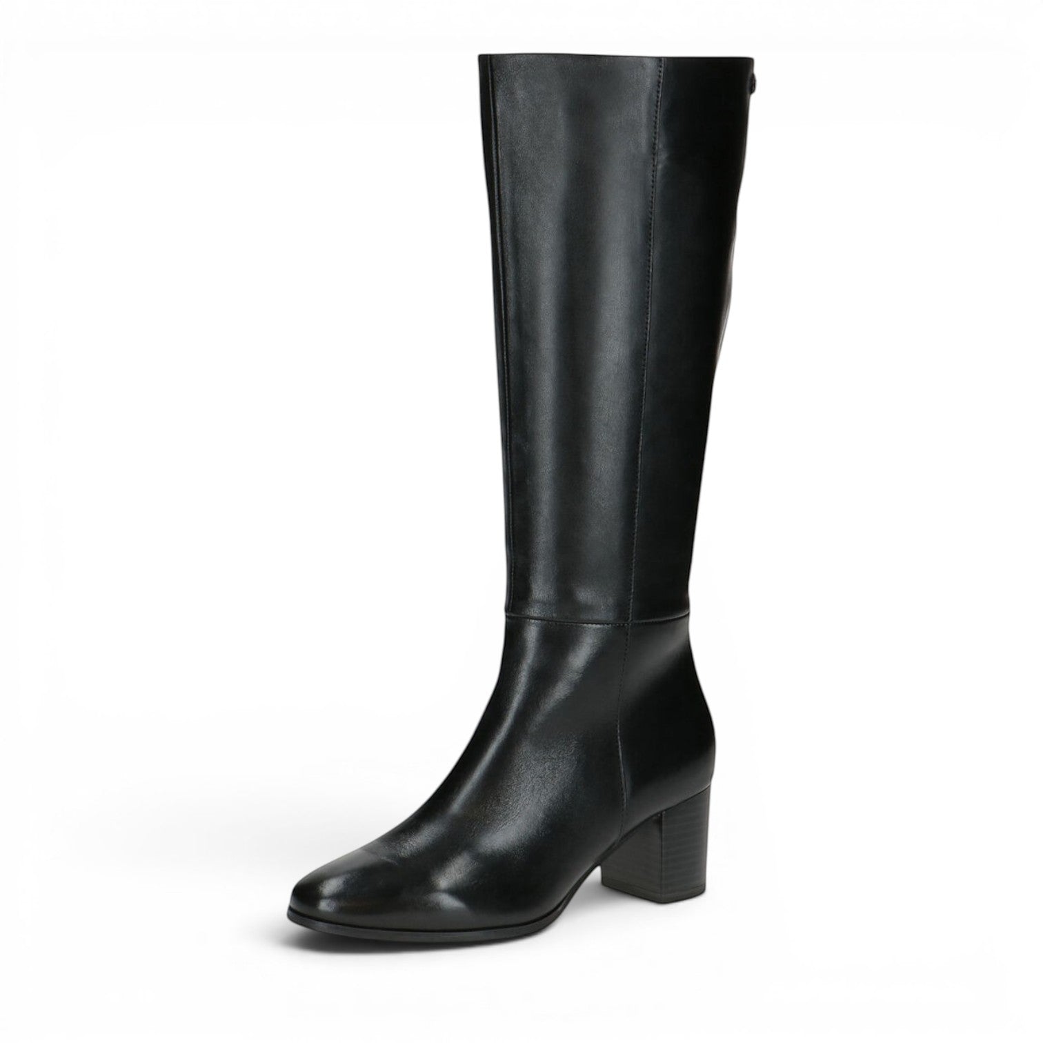 ShoeShop Caprice black leather knee-high boots with a block heel and minimalist design.