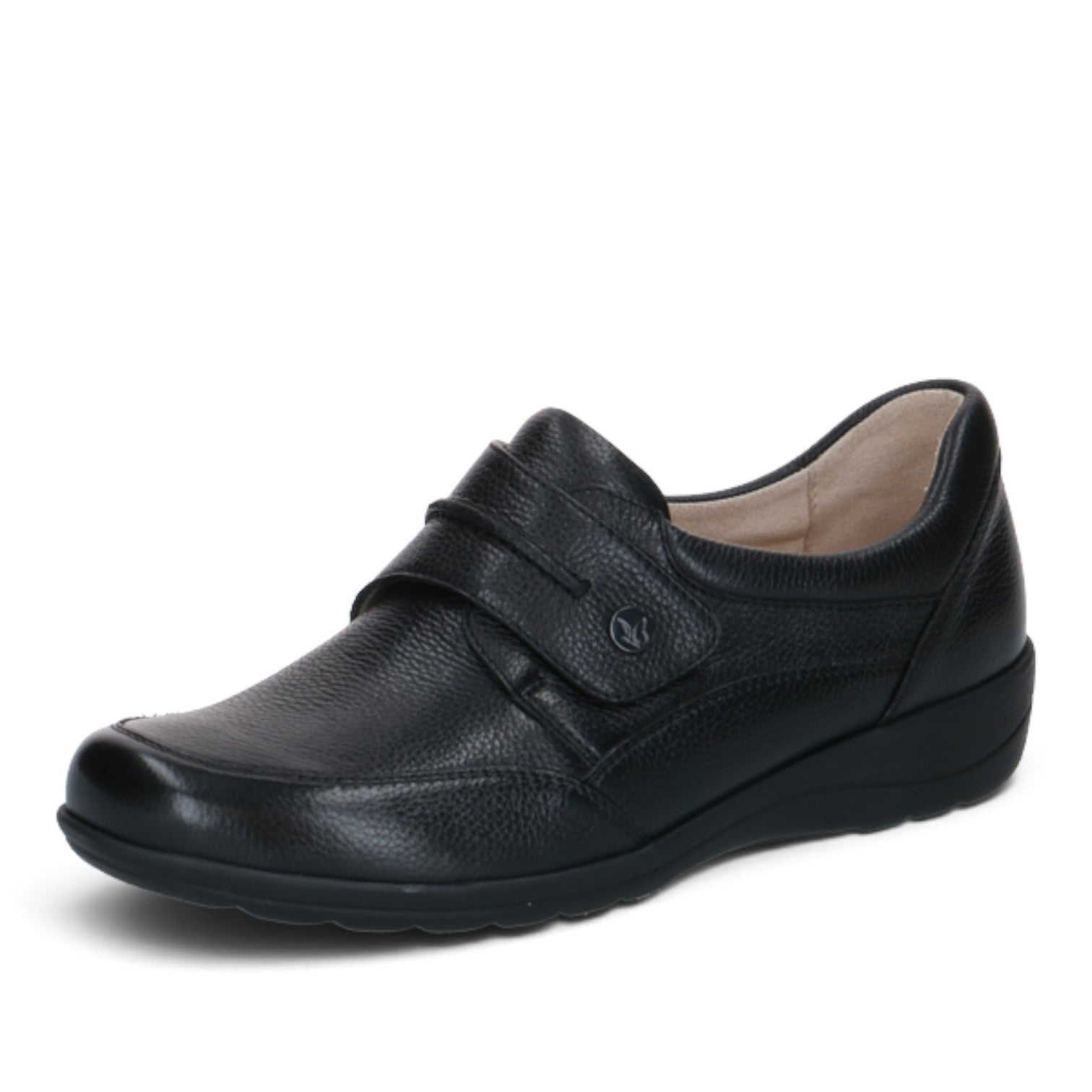 ShoeShop Caprice black leather comfort shoe with a wide H fit, hook-and-loop strap, and durable rubber sole.