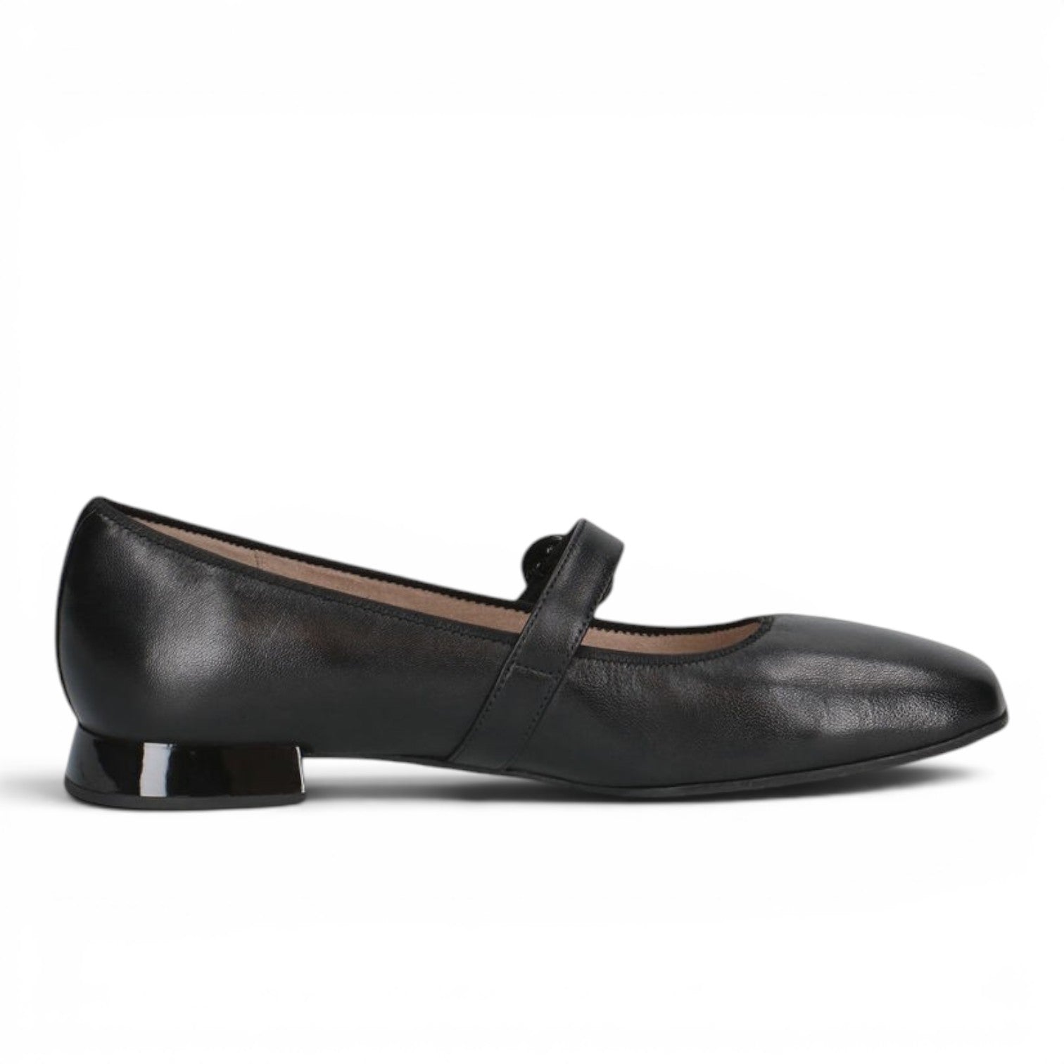 ShoeShop Caprice black leather Mary Jane flats with a low block heel and delicate strap detail.