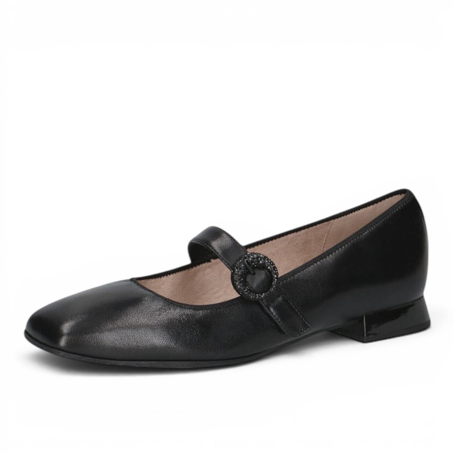 ShoeShop Caprice black leather Mary Jane flats with a decorative embellished buckle strap and low block heel.