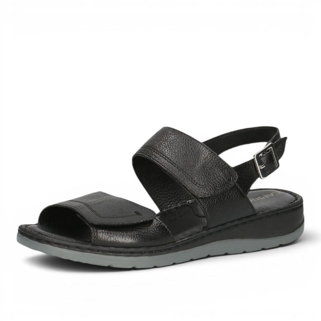 ShoeShop Caprice black leather sandals with adjustable velcro straps and a comfortable grey flat sole.