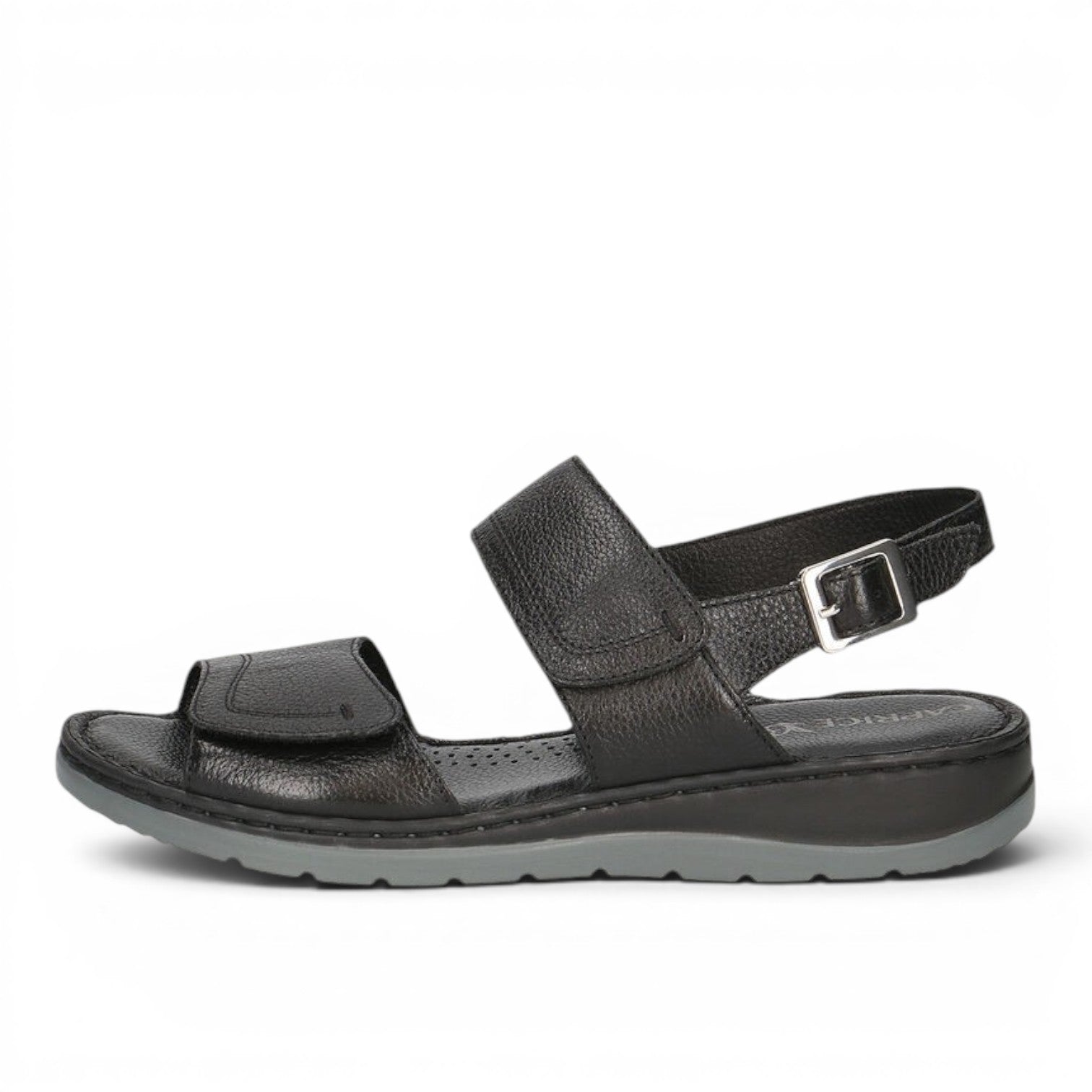 ShoeShop Caprice black leather sandals with adjustable velcro straps and a comfortable grey sole.