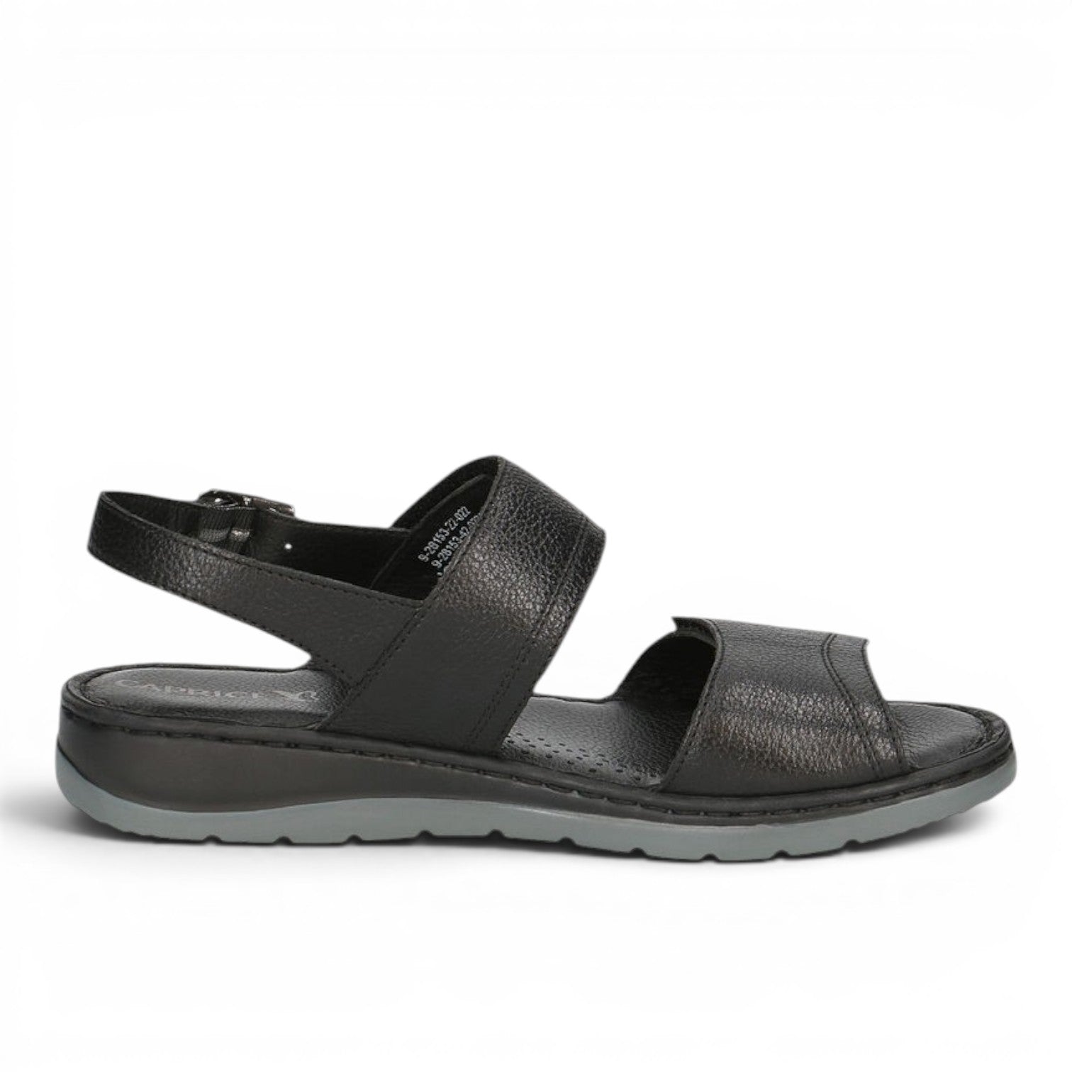 ShoeShop Caprice black leather sandals with adjustable ankle strap and comfortable grey sole for casual wear.