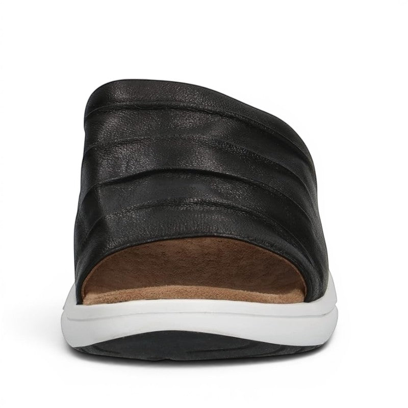 ShoeShop Caprice black leather slide sandals with a comfortable cushioned footbed and white sporty sole.