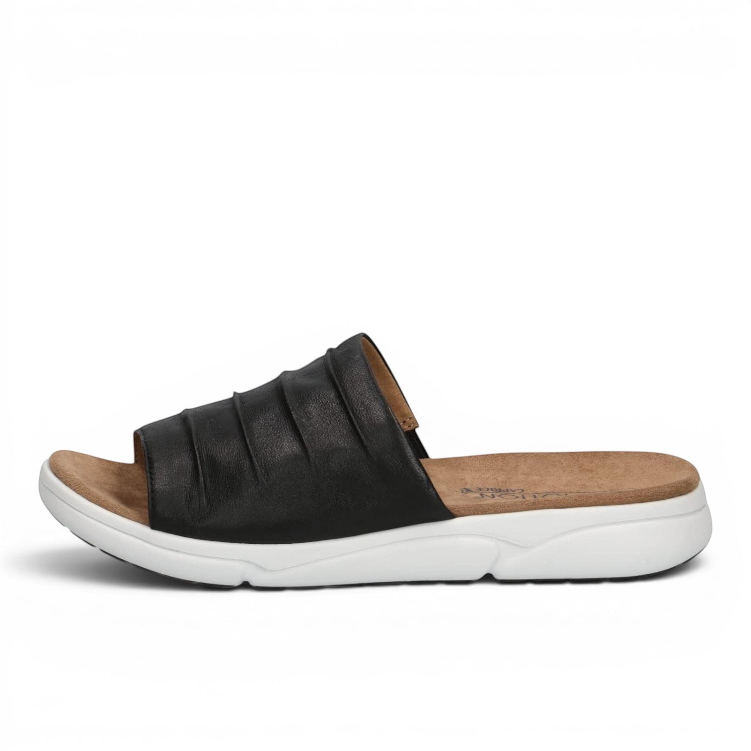 ShoeShop Caprice black leather slide sandals with a comfortable tan footbed and a thick white sporty sole.
