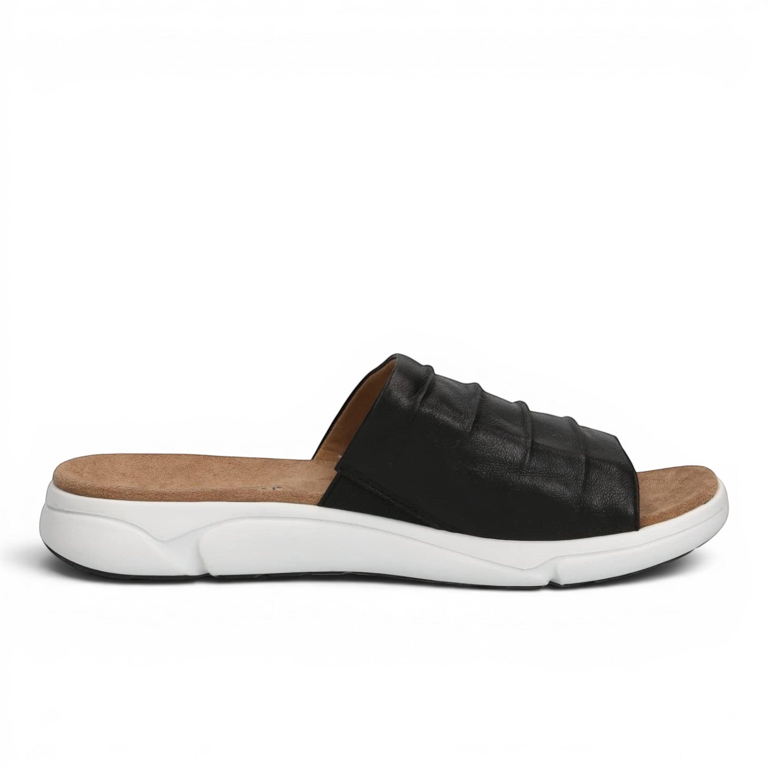 ShoeShop Caprice black leather slide sandals with a comfortable tan footbed and a thick white athletic sole.