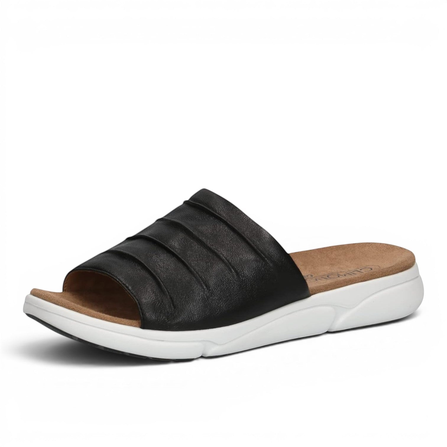 ShoeShop Caprice black leather slide sandals with a comfortable tan footbed and white athletic-style sole.