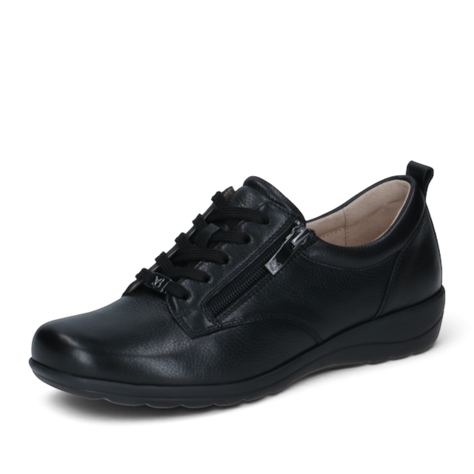 ShoeShop Caprice black leather lace-up sneakers with side zipper and wide H fit for comfort.