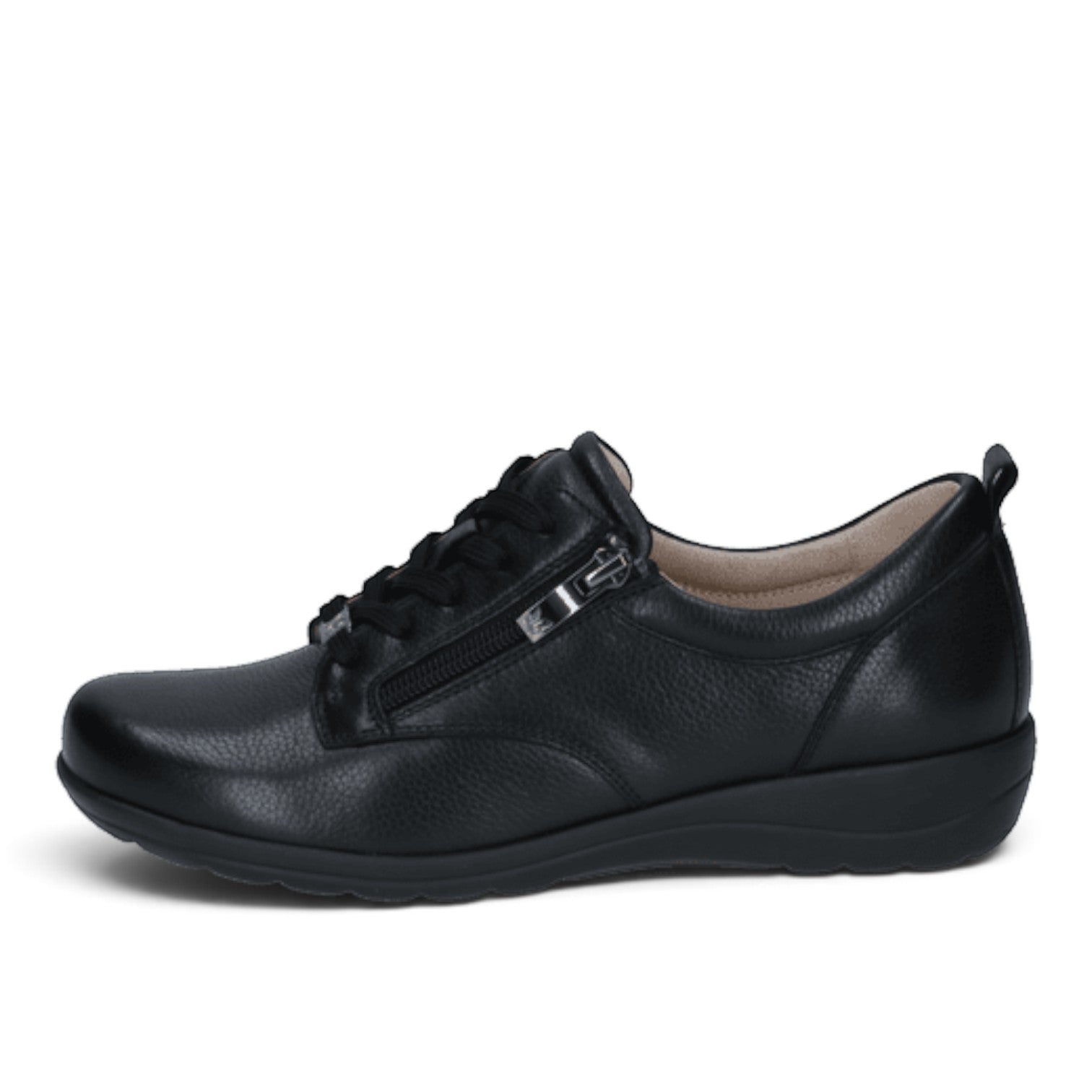 ShoeShop Caprice black leather sneaker with side zipper and wide H fit, side view