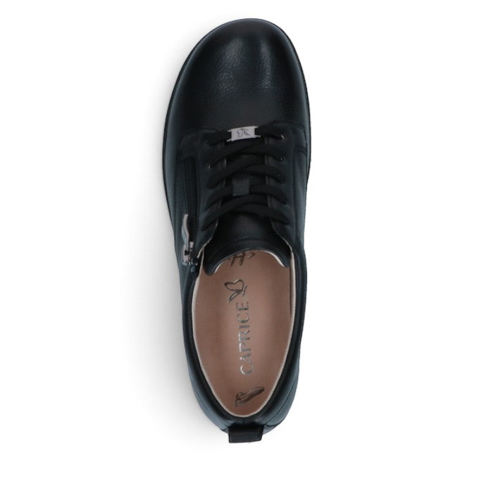ShoeShop Caprice black leather sneakers with a wide H fit, lace-up front, and side zipper detail.