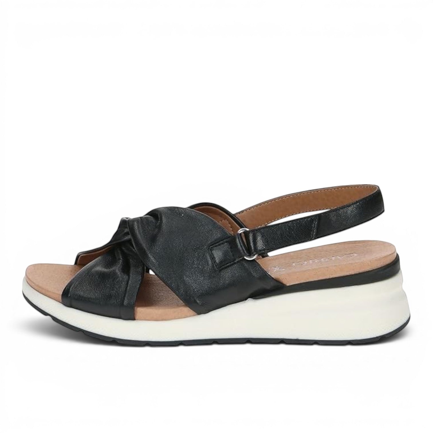 ShoeShop Caprice black leather slingback sandals with a knotted front strap and comfortable white wedge sole.