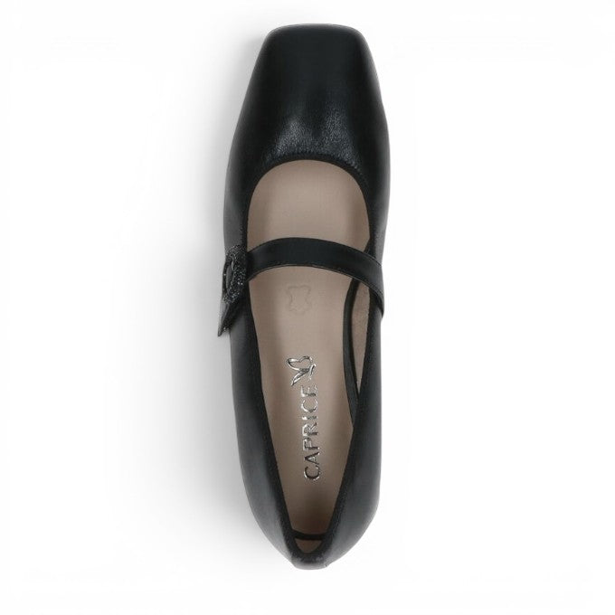 ShoeShop Caprice black leather Mary Jane flats with a square toe and strap detail.