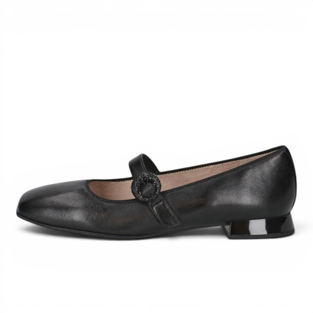 ShoeShop Caprice black leather Mary Jane flats with a decorative embellished buckle strap and low block heel.