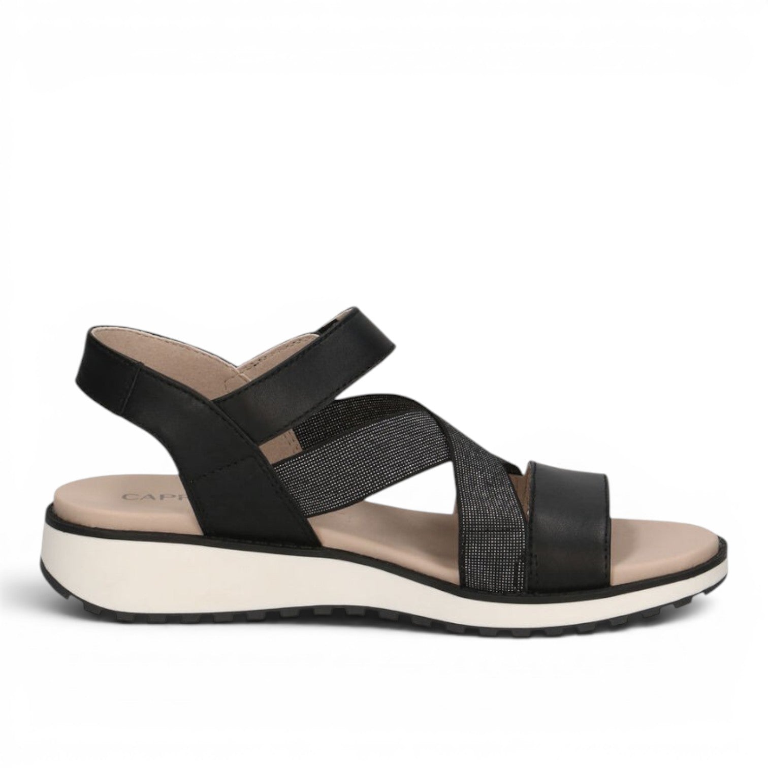 ShoeShop Caprice black strappy sandals with a comfortable beige footbed and a white platform sole.