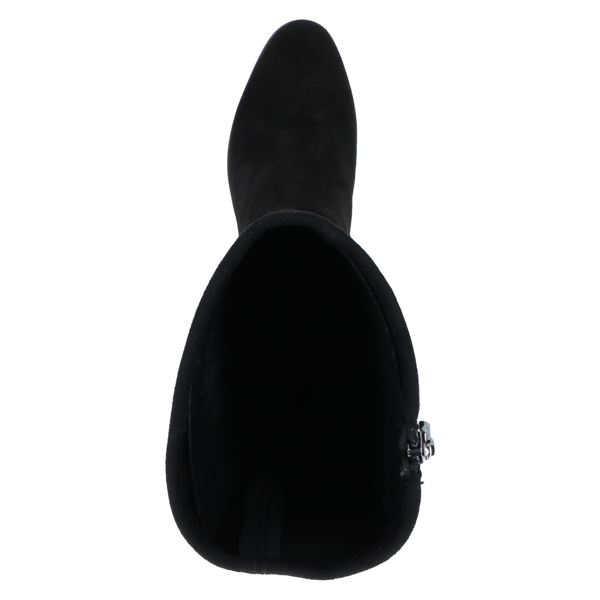 ShoeShop Caprice black suede knee-high boots with a side zipper, viewed from above.
