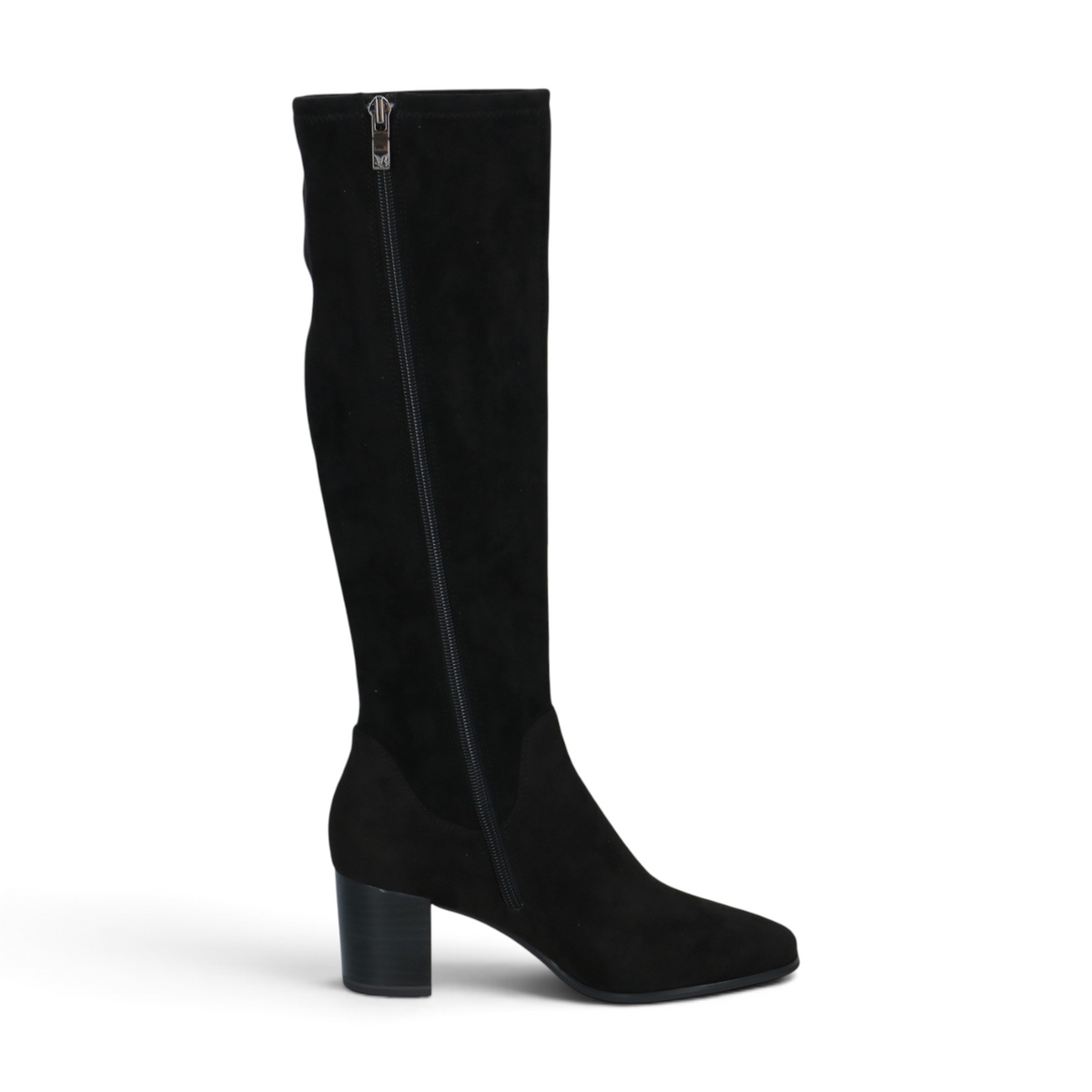 ShoeShop Caprice black suede knee-high boots with side zipper and block heel