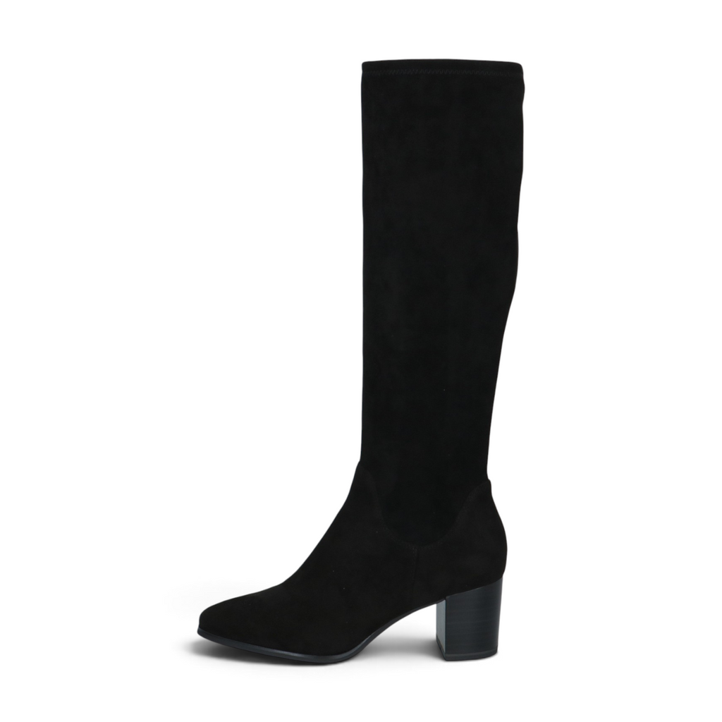 ShoeShop Caprice black suede knee-high boots with a block heel and sleek minimalist design