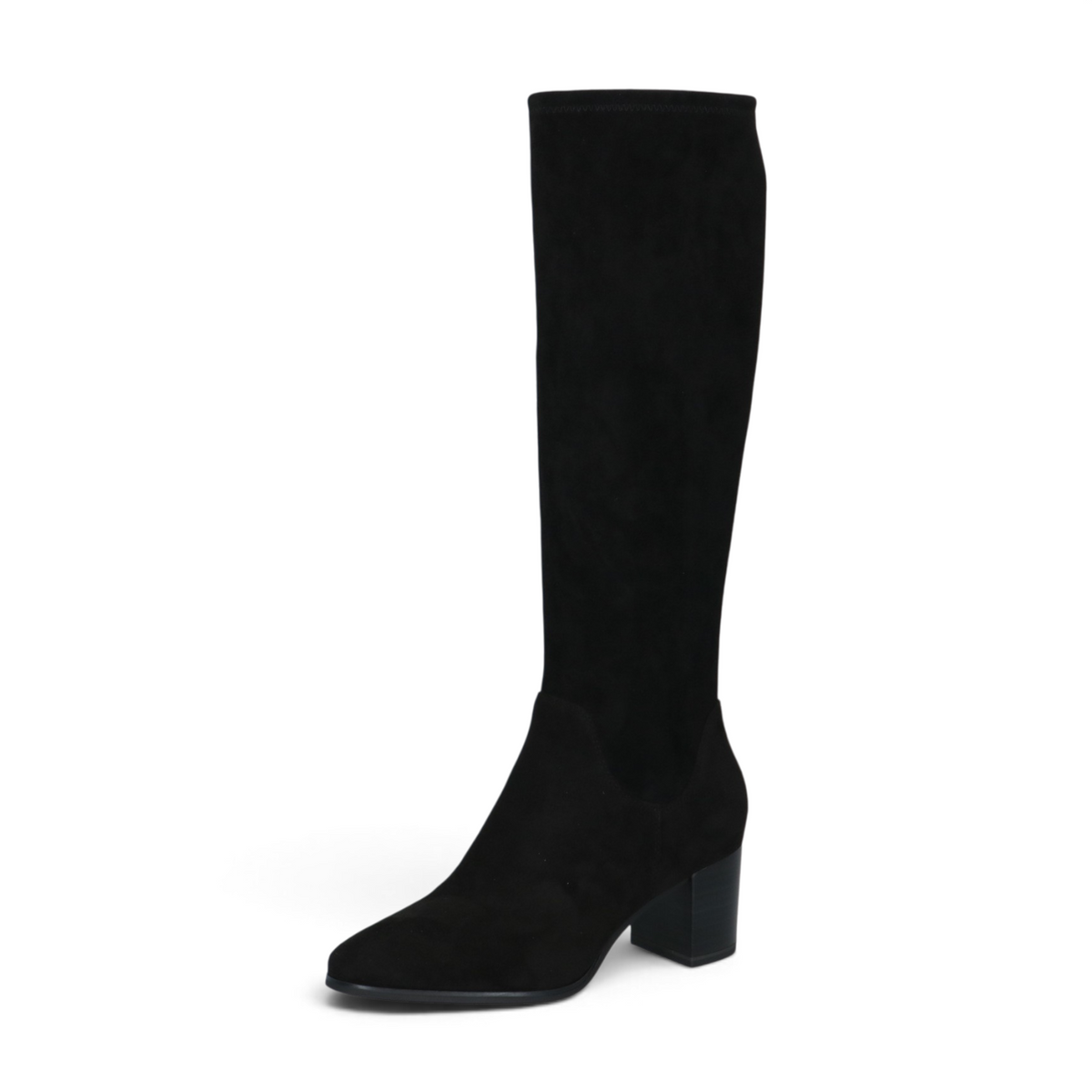 ShoeShop Caprice black knee-high suede boots with a block heel and sleek silhouette