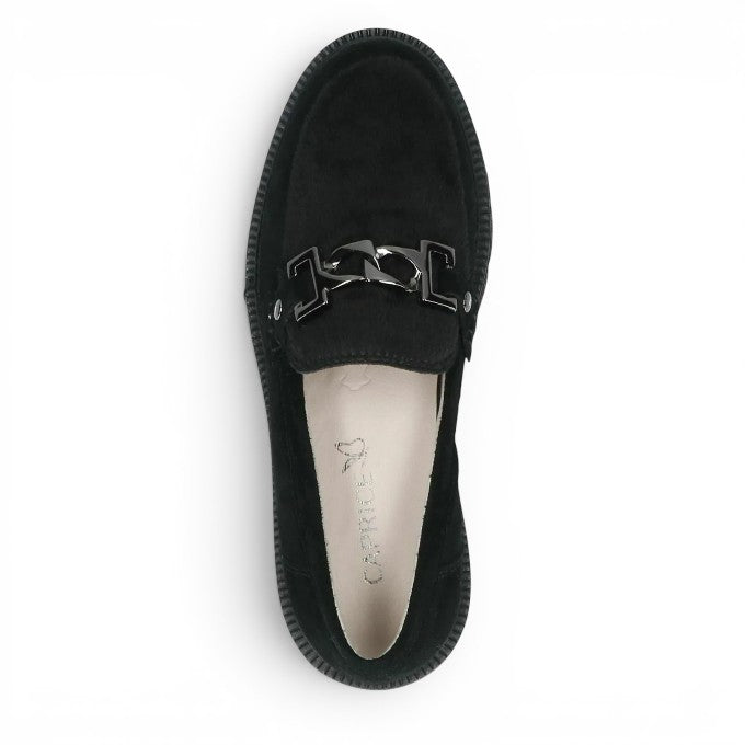 ShoeShop Caprice black textile loafers with a metallic chain detail and removable leather insole.