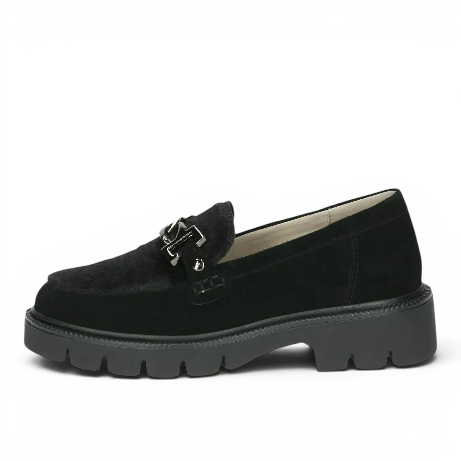 ShoeShop Caprice black textile loafers with a chunky rubber lug sole, metal hardware detail, and removable leather insole