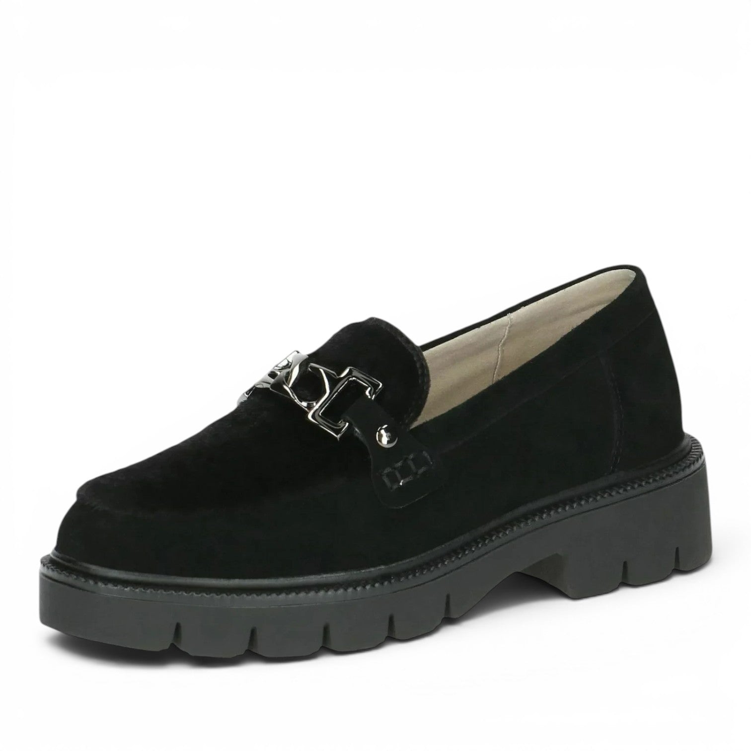 ShoeShop Caprice black textile loafers with a chunky rubber sole, silver metal hardware, and removable leather insole.