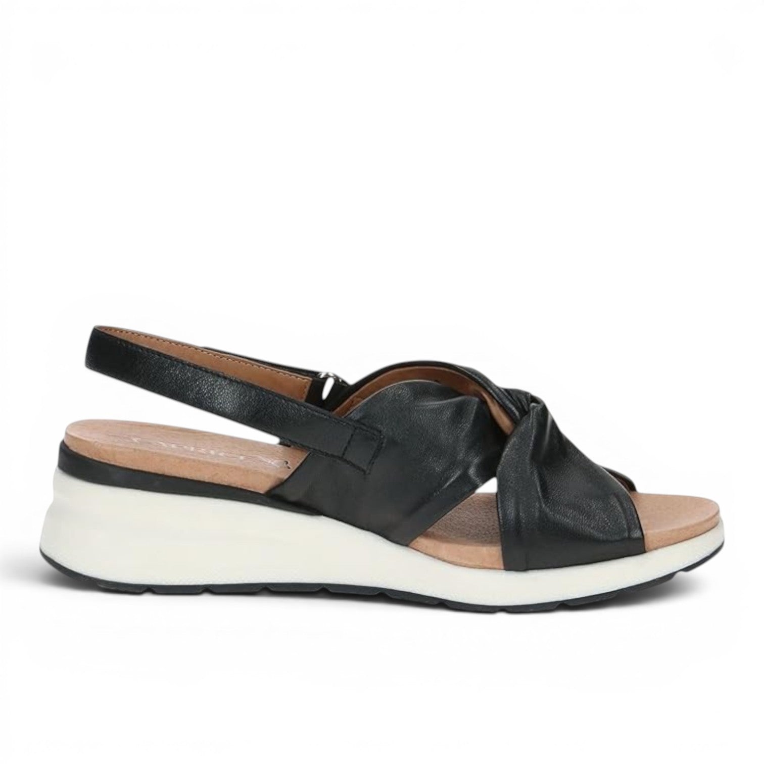 ShoeShop Caprice black leather slingback sandals with a twisted strap design and a comfortable white wedge sole.