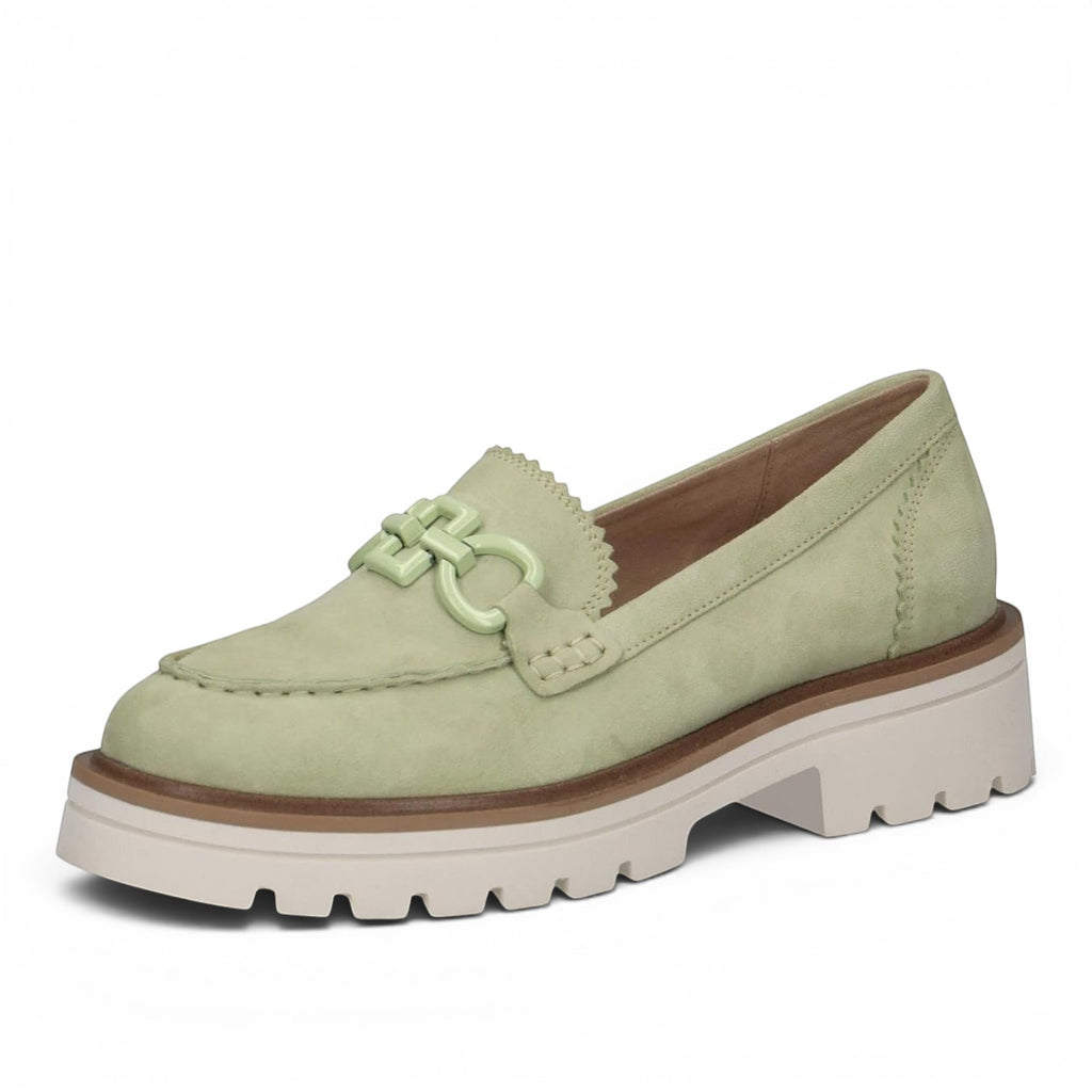 ShoeShop Caprice light green suede loafers with a chunky white lug sole and decorative chain detail.