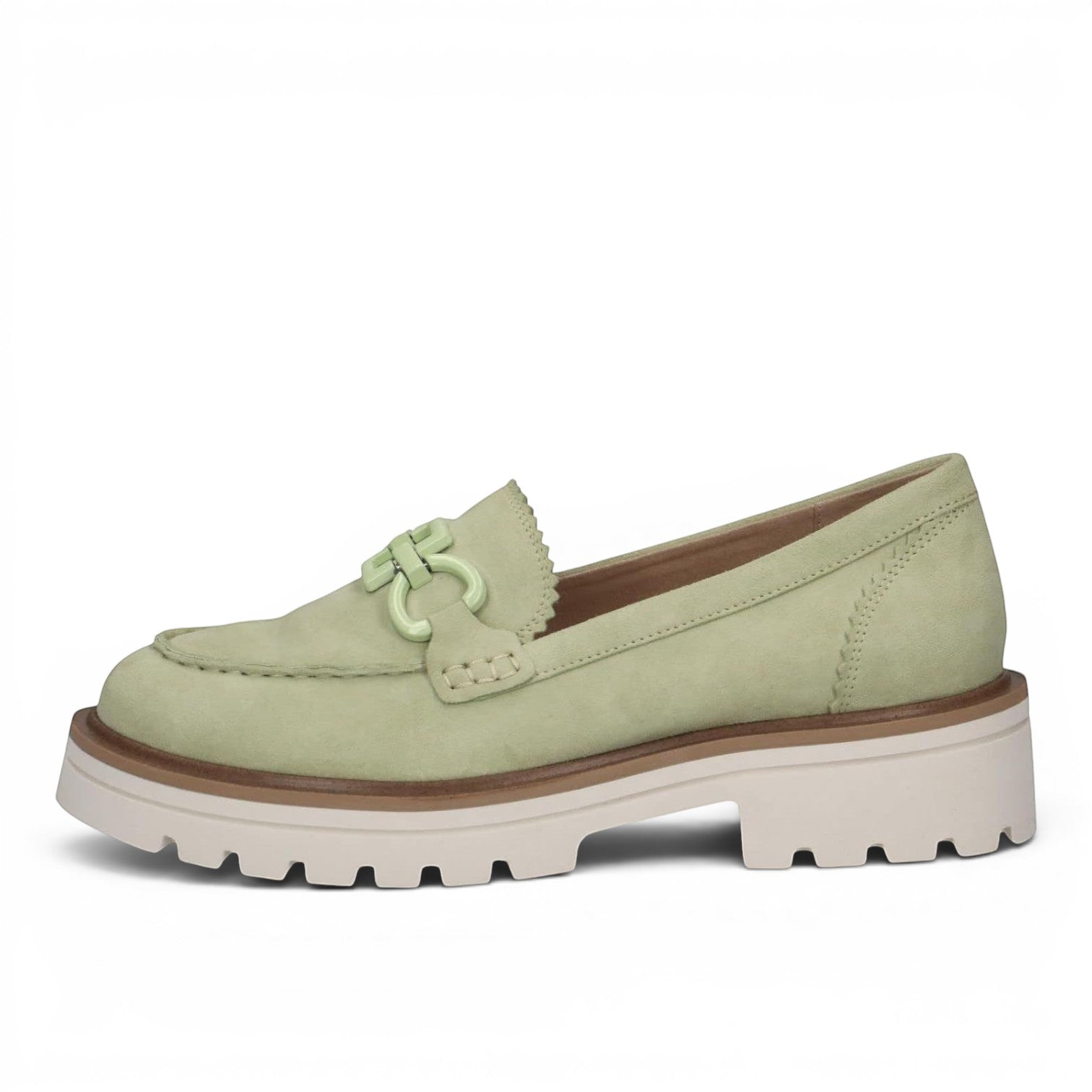 ShoeShop Caprice light green suede loafers with a chunky white lug sole and decorative metal hardware detail.