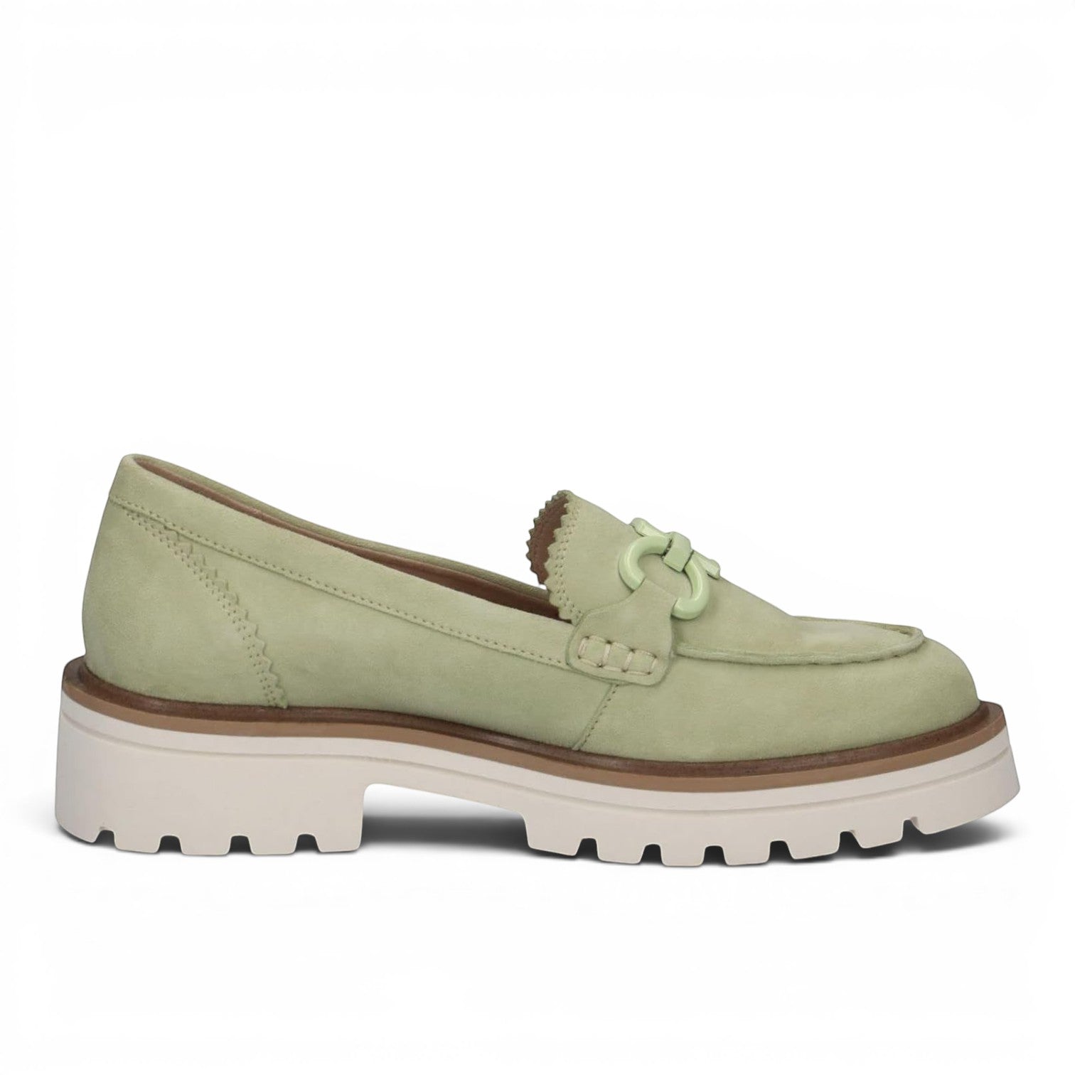 ShoeShop Caprice light green suede loafers with a chunky white lug sole and decorative buckle detail.