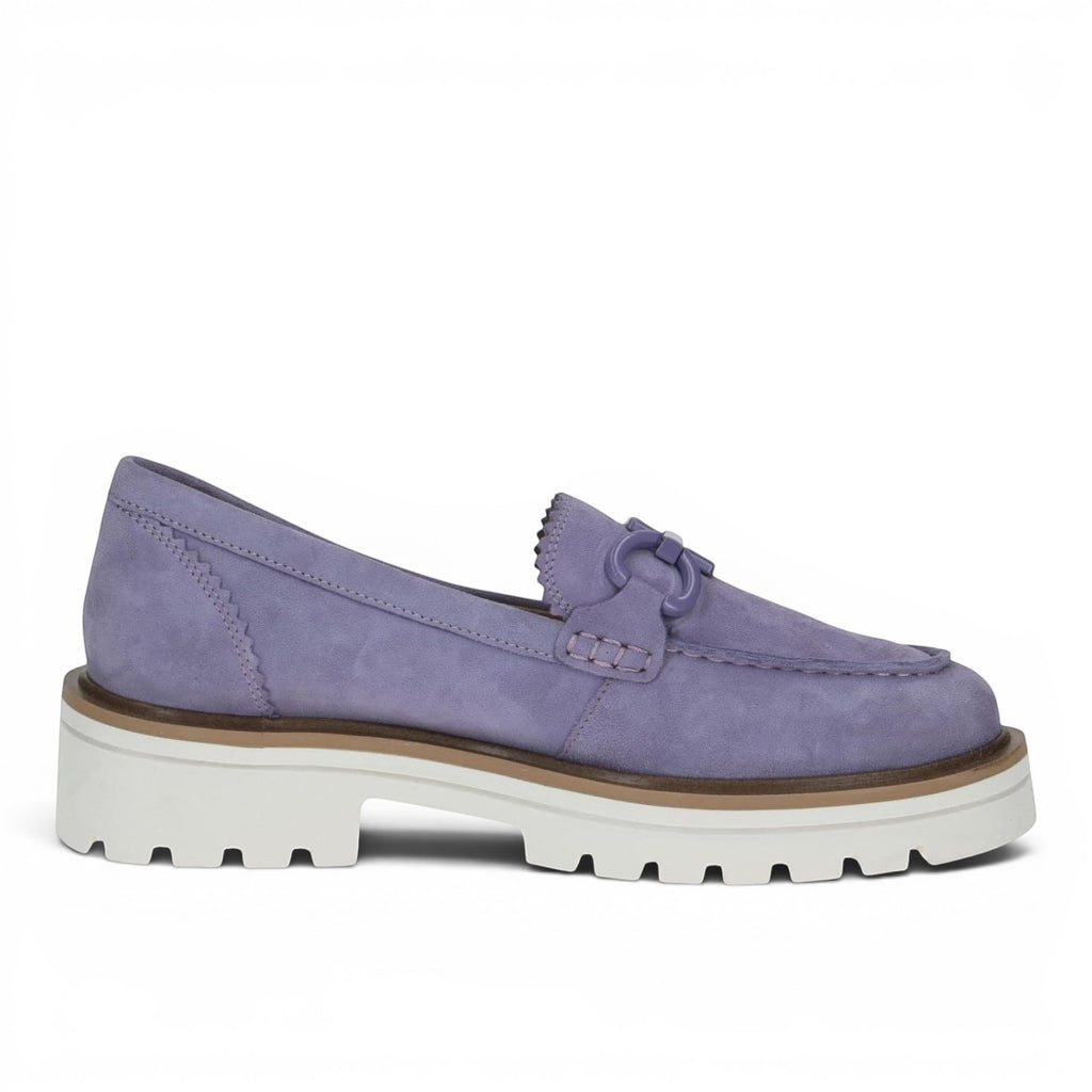 ShoeShop Caprice lavender suede loafers with a chunky white lug sole and decorative buckle detail.