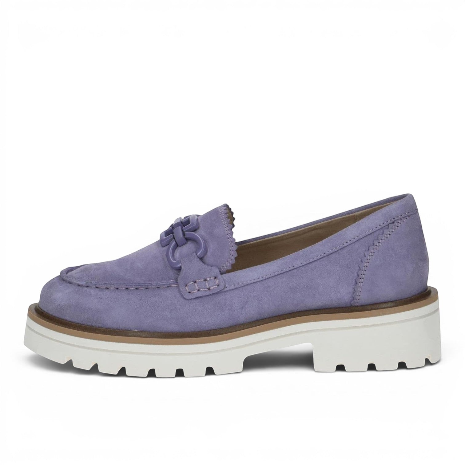 ShoeShop Caprice lavender suede loafers with a chunky white lug sole and decorative chain detail.