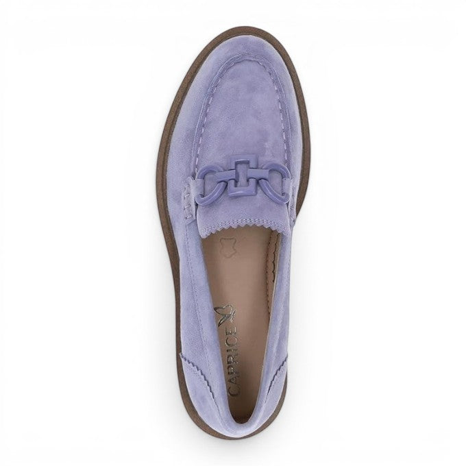 ShoeShop Caprice lavender suede loafers with a matching decorative chain detail and a brown sole.