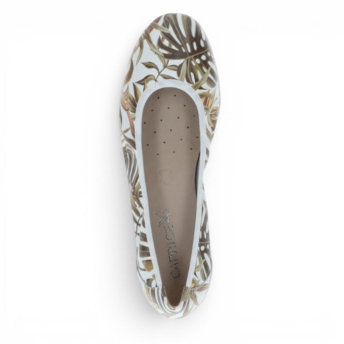 ShoeShop Caprice ballerina flats featuring a white base with a tropical green and brown leaf print pattern.