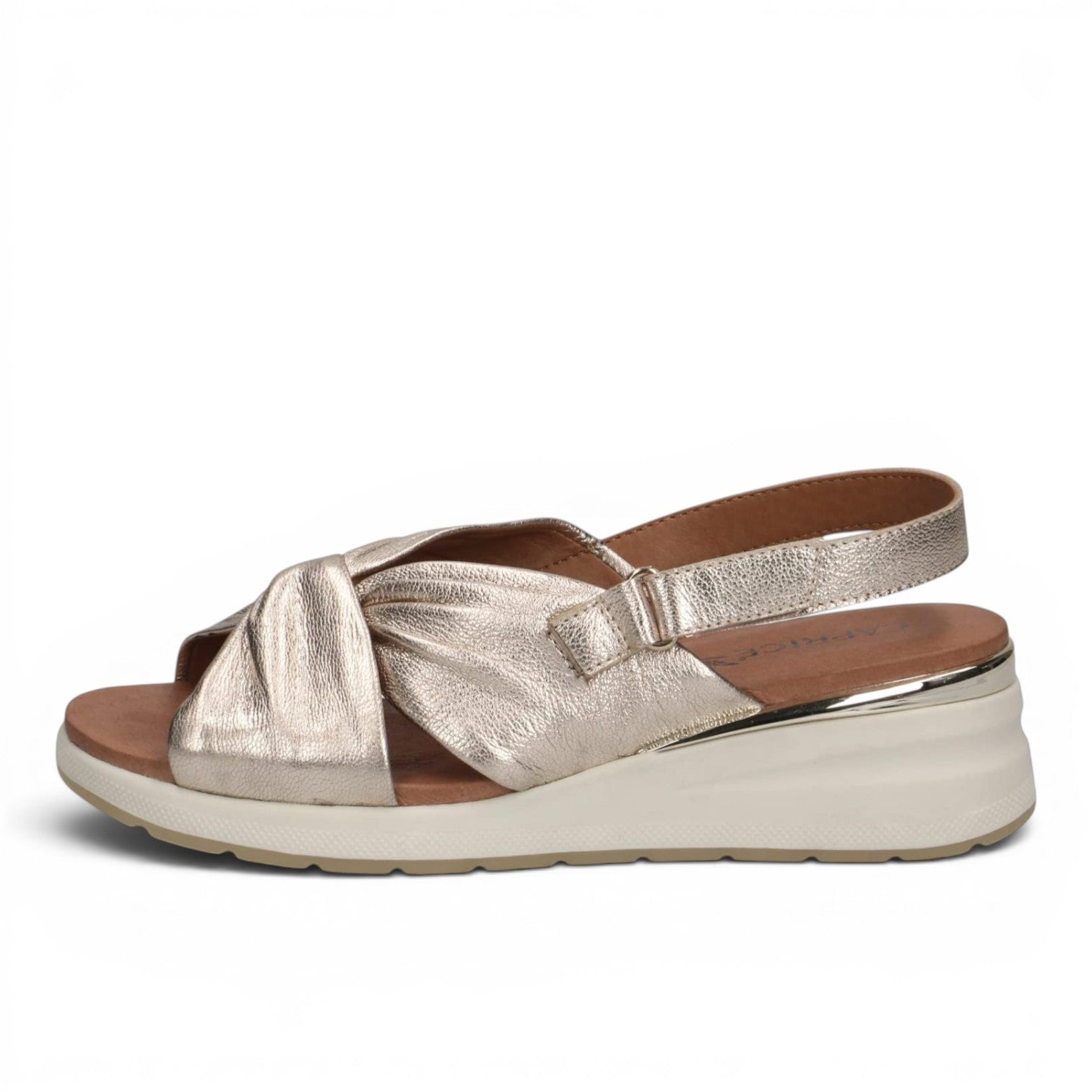 ShoeShop Caprice metallic gold leather wedge sandals with a knotted strap design and adjustable slingback strap.