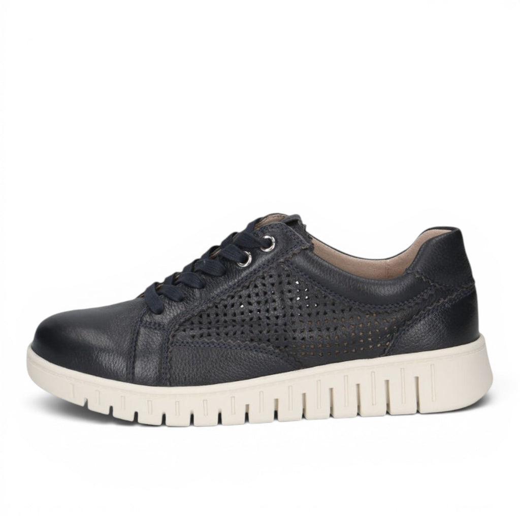 ShoeShop Caprice navy blue leather sneakers with perforated side panels and a thick white rubber sole.