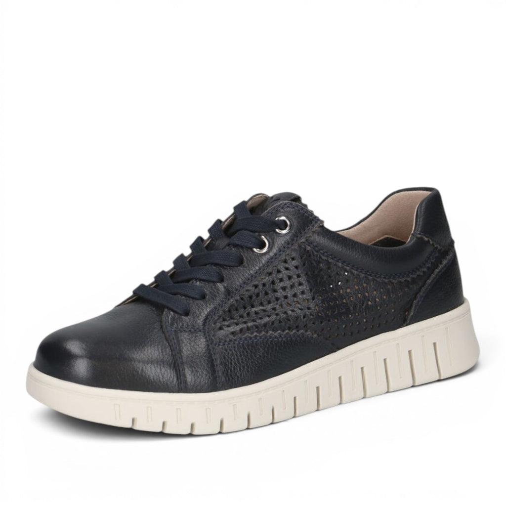 ShoeShop Caprice navy leather sneakers with perforated side panels and a thick white rubber sole.