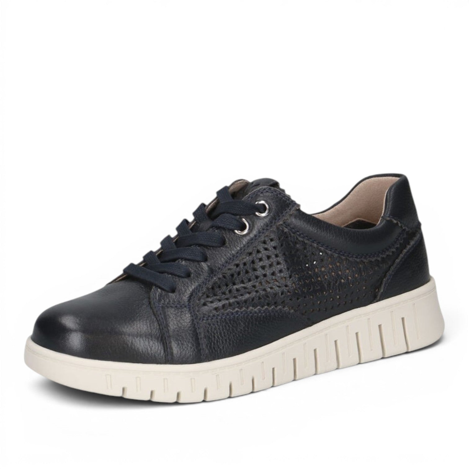 ShoeShop Caprice navy leather sneakers with perforated side panels and a thick white rubber sole.