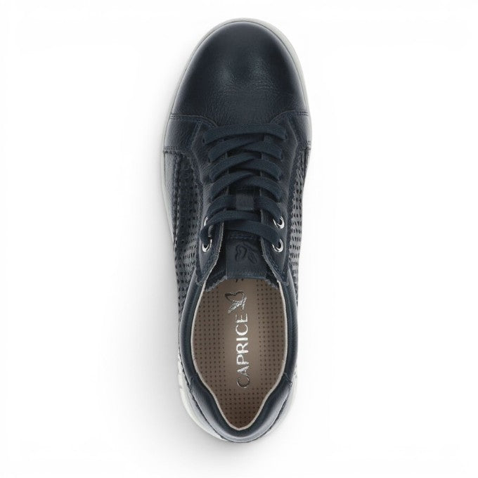 ShoeShop Caprice 9/9-23763 navy blue leather sneakers with perforated side panels and lace-up closure.