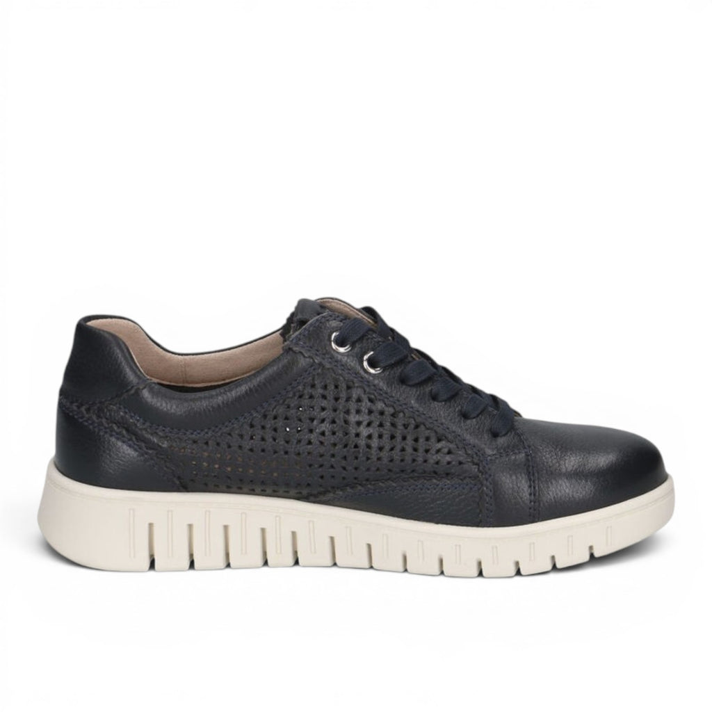 ShoeShop Caprice navy blue leather sneakers with perforated side panels and a thick white rubber sole.