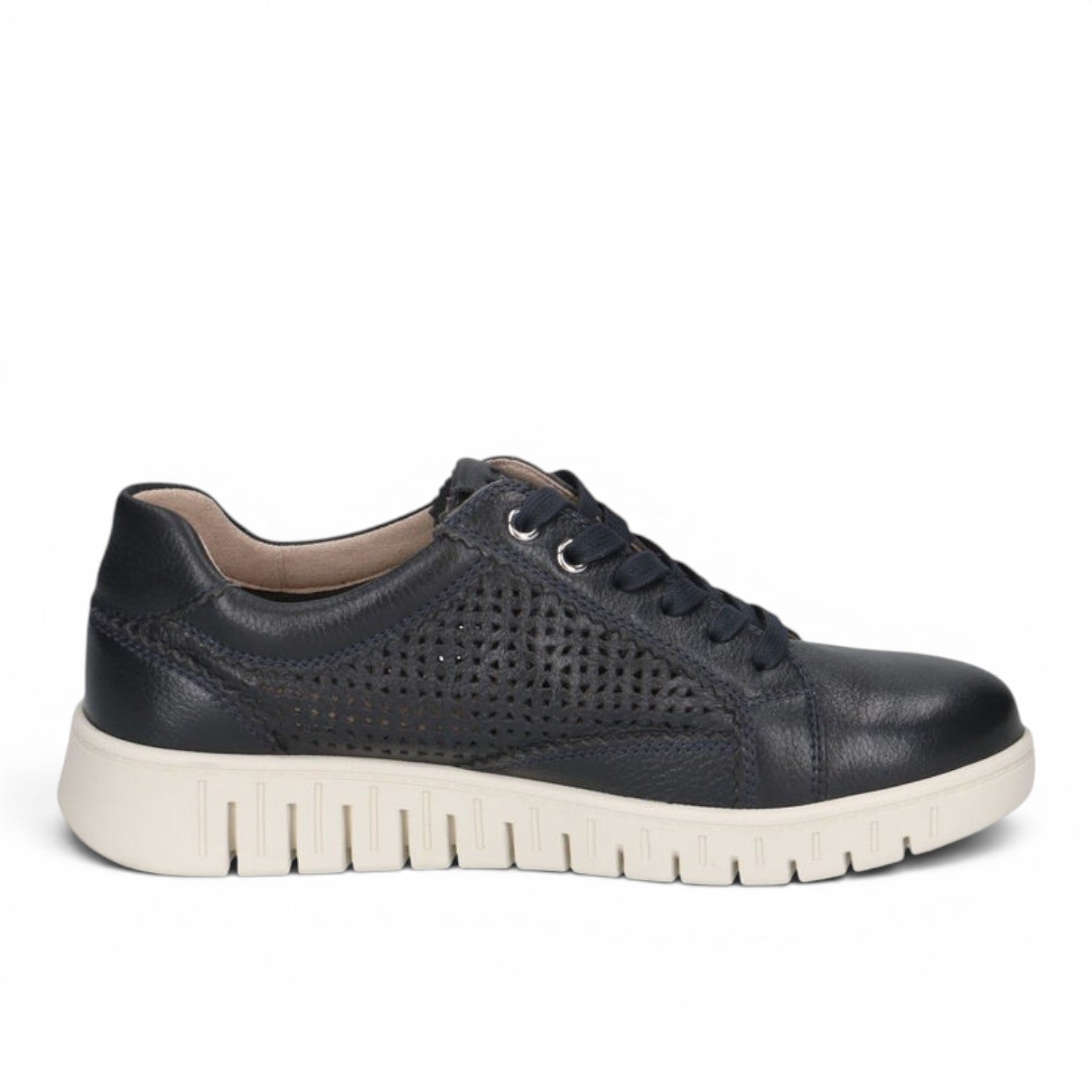 ShoeShop Caprice navy blue leather sneakers with perforated side panels and a thick white rubber sole.