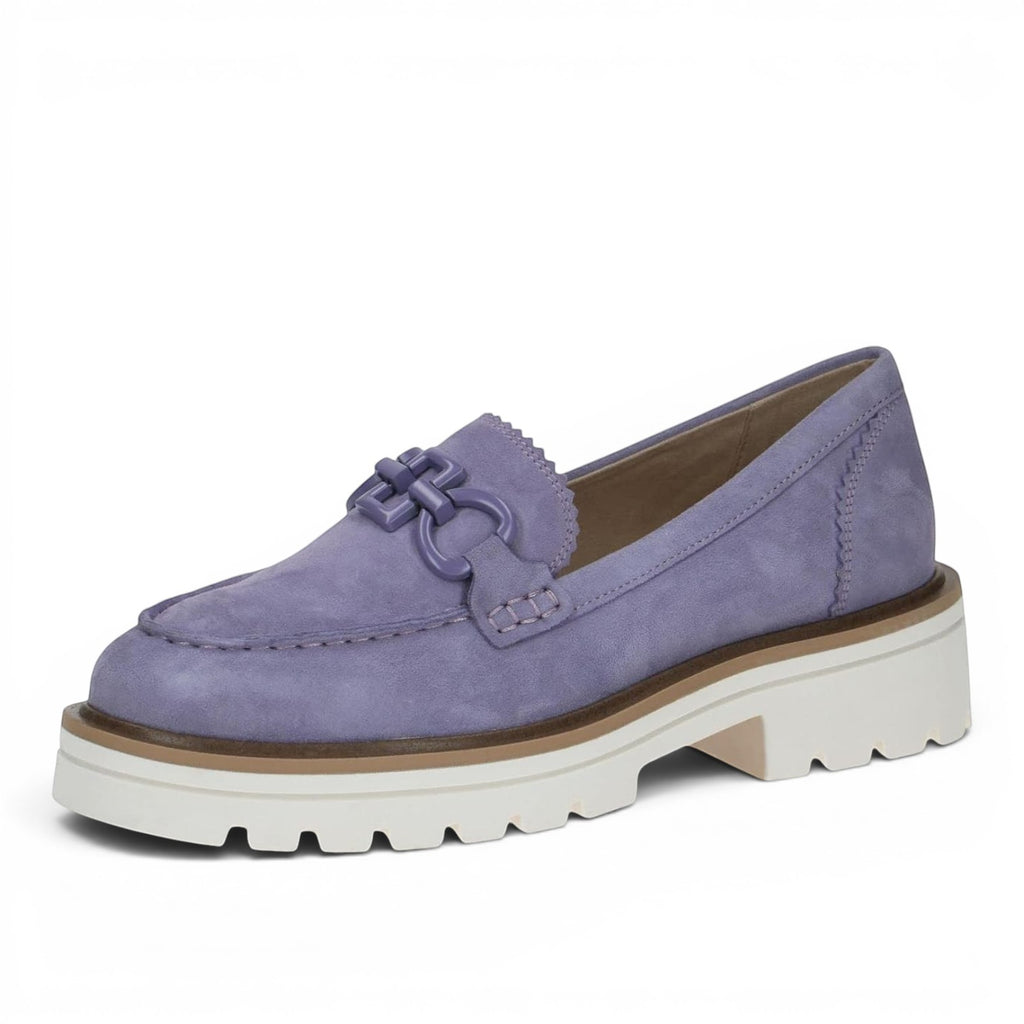 ShoeShop Caprice purple suede loafers with a chunky white lug sole and decorative buckle detail.