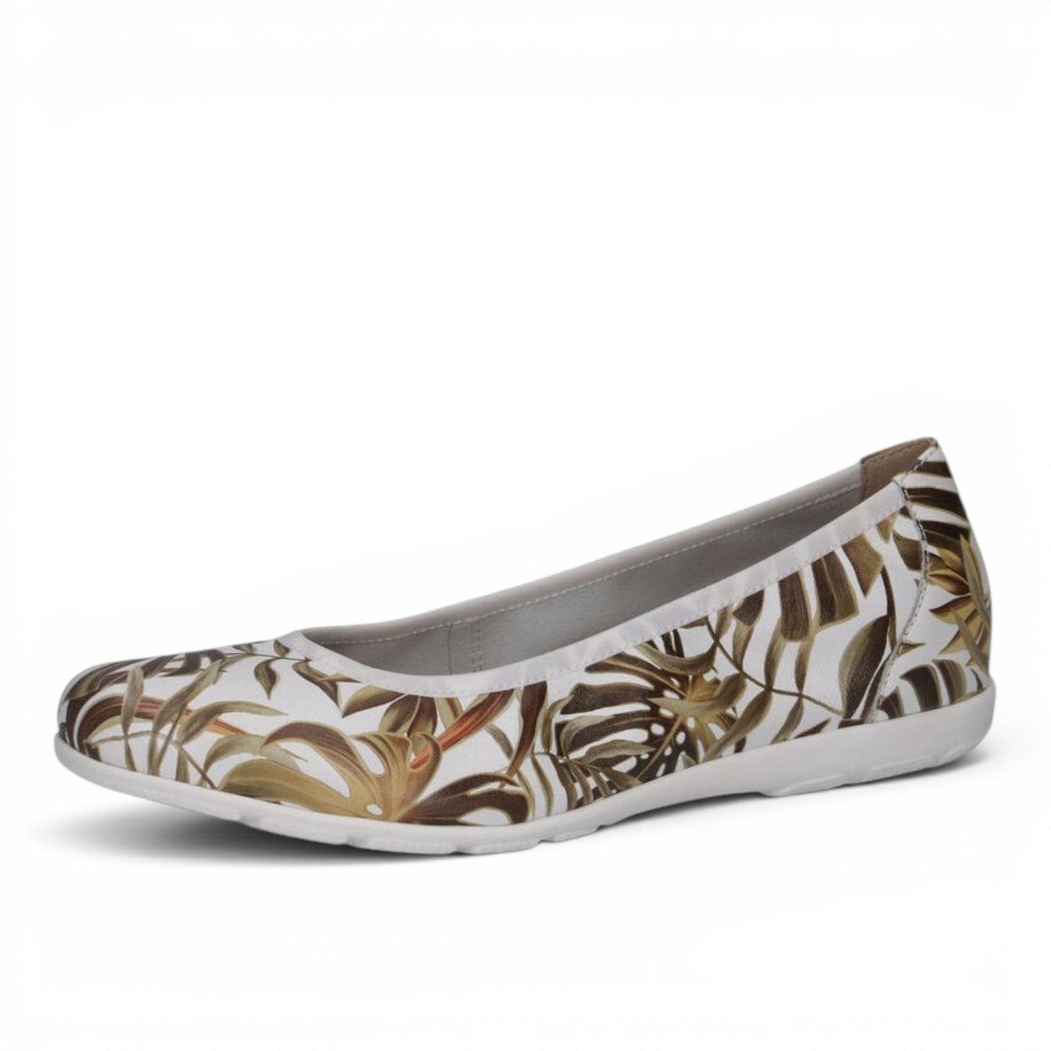ShoeShop Caprice ballerina flats featuring a white base with a tropical brown leaf print and a comfortable flat sole.