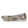 ShoeShop Caprice ballerina flats featuring a white base with a brown and green tropical leaf print pattern.