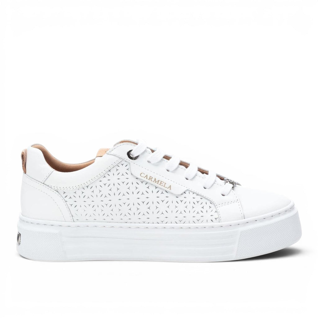 ShoeShop Carmela 160558 white leather sneakers with laser-cut floral pattern and thick platform sole.