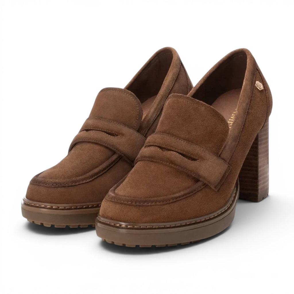 ShoeShop Carmela 161137 brown suede loafers with a chunky block heel and platform lug sole.